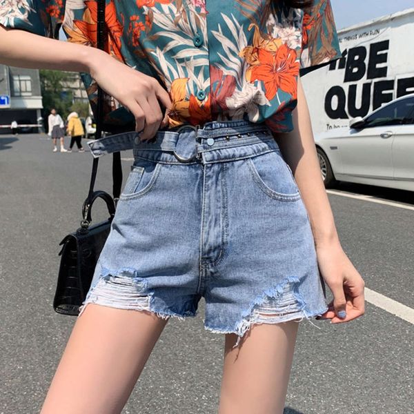 

women's jeans hole summer 2021 high waisted loose skinny light a-line wide leg pants spry, Blue