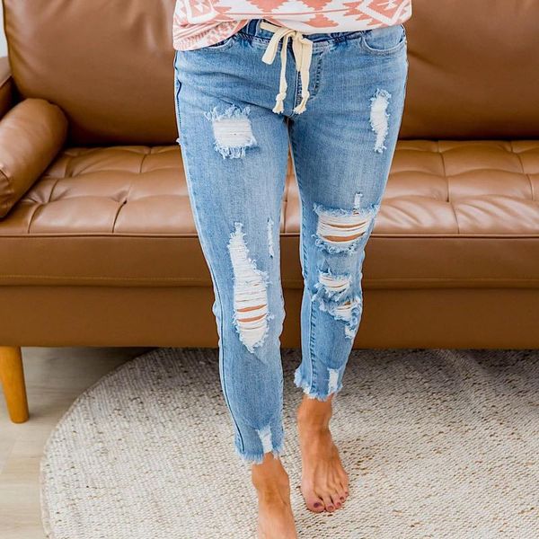 

women's jeans plus size female denim pants light blue women drawstring hole high street feminino skinny for trousers