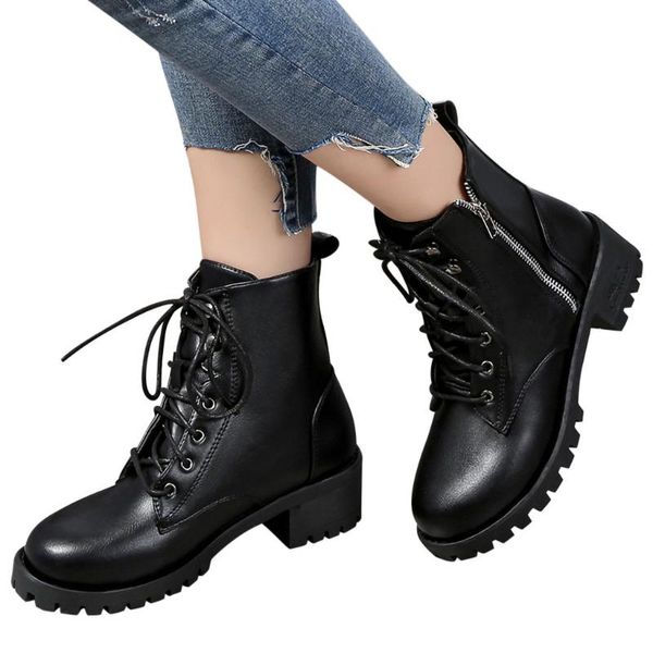 

boots sagace low heel vintage leather ankle women zipper cowboy short boot shoes ladies chunky motorcycle, Black