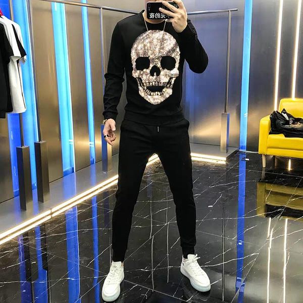 

men's tracksuits autumn winter sets slim pants + hoodie personality diamond design skull track suit padded sweatshirt, Gray