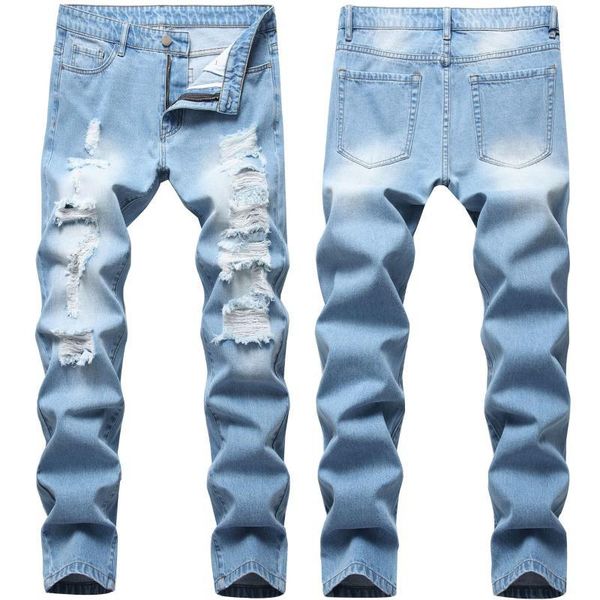 

men's jeans washed holes mens fashion motorbiker light blue denim pants zipper idn9