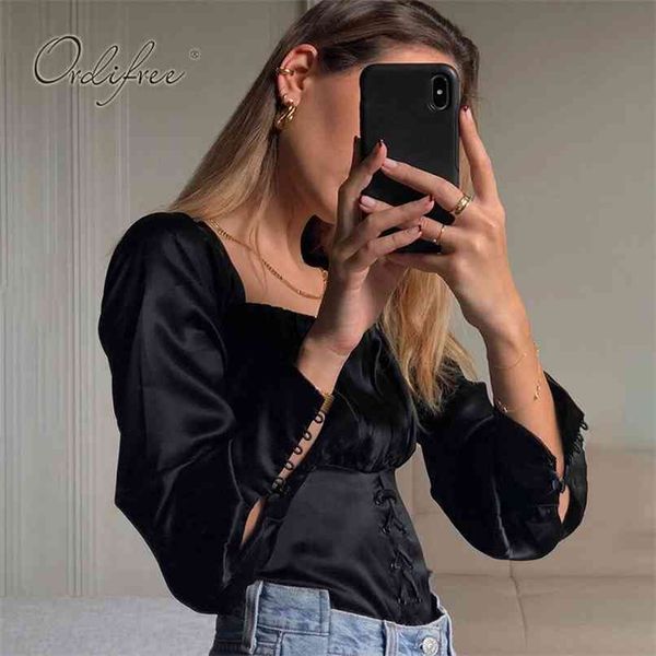 

summer women satin blouse long sleeve lace up black silk shirt 210513, White