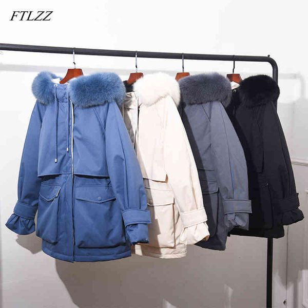 

women duck down coat winter large real fur collar waterproof jacket lady hooded sash tie up warm snow outerwear 210423, Black