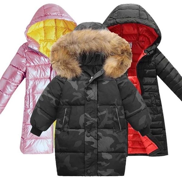 Inverno moda crianças meninas jaqueta lustrosa crianças mais grosso veludo grande virgin longo casaco quente para frio 211203