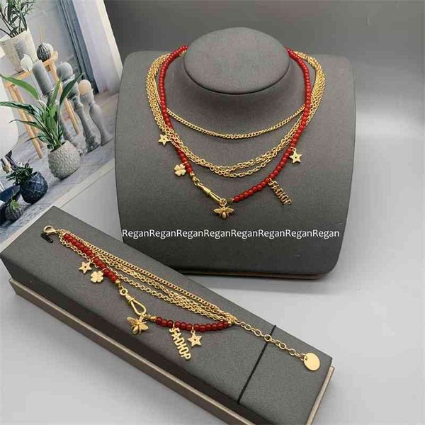 

75% off outlet online 2021 family letter five pointed star flower bead multi layer necklace bracelet fashion brass suit, Black