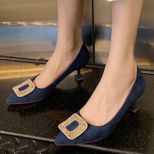 

dress shoes crytal metal buckle flock pumps woman french small thin high heels plus size 36-45 pointed toe work women liyx, Black