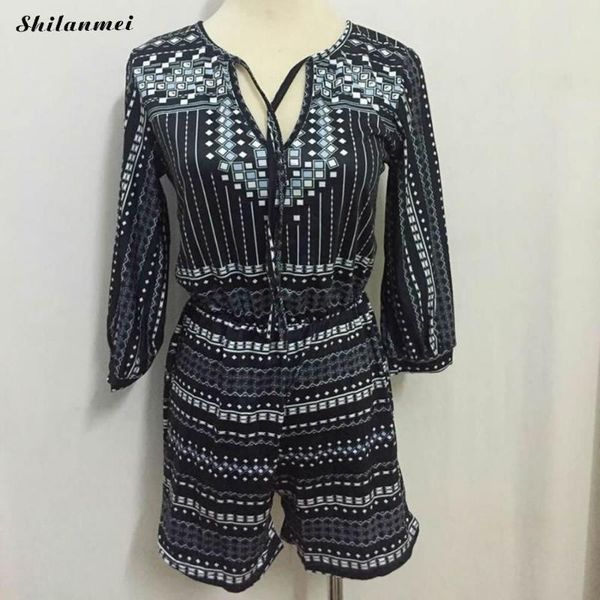 

women elegant short overalls fashion clothes cotton romper deep v set printed geometric summer clothing women's two piece pants, White