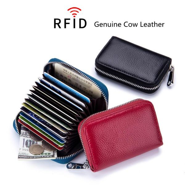 

card holders zipper genuine cow leather holder coin purses rfid short clear wallet men women, Brown;gray