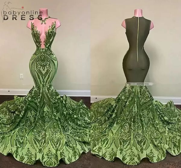 

sparkly sequin olive green mermaid african prom dresses black girls long graduation dress plus size formal evening gowns bc11328