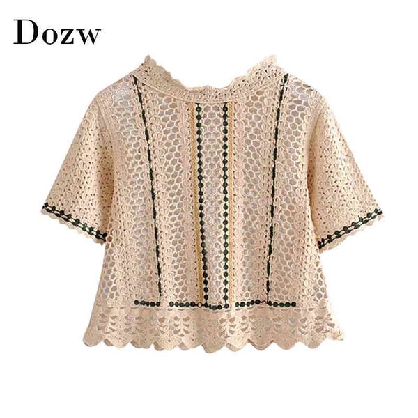 

hollow out knitted blouse women casual short sleeve shirt female ruffled collar summer chic blusas mujer de moda 210414, White