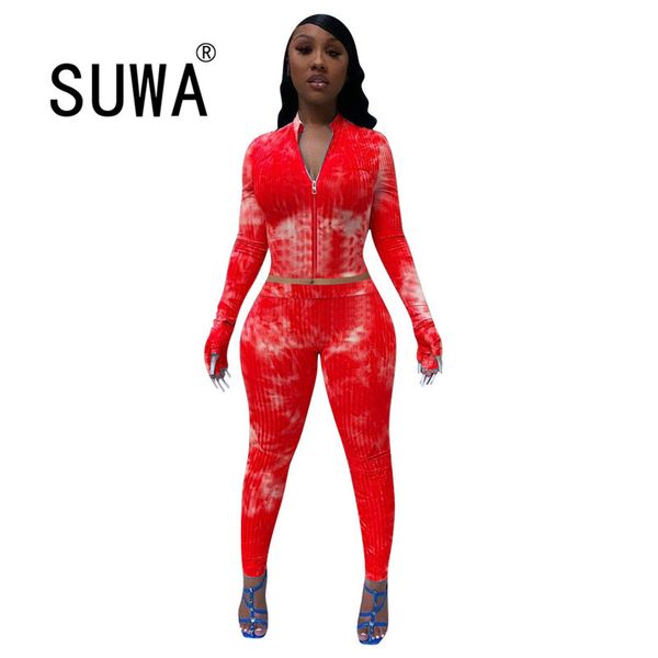 

women sets 2 piece colorful print long sleeve slim-fit zipper autumn winter + high waist sport pants plus size two set 210525, White
