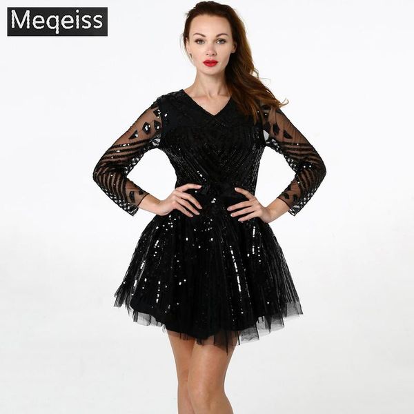 

casual dresses fashion women long sleeve deep v dress beach network yarn tassels sequins spring summer wholesale, Black;gray