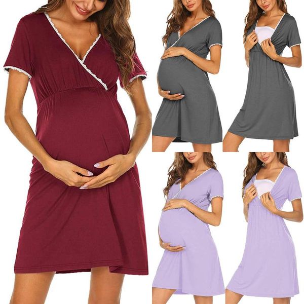 

pregnant women dress solid short sleeve breast-feeding nursing dresses maternity nightgown pregnancy clothing nightdress, White