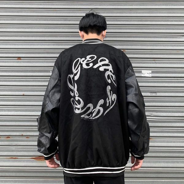 

men's jackets retro leather sleeve stand wool windbreaker autumn for men and women harajuku japanese hip hop oversize casual coat, Black;brown
