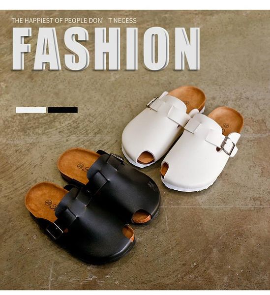 

slipper children cork slippers girls boys beach shoes closed toe summer buckle leather outdoor black 24-30#, Black;grey