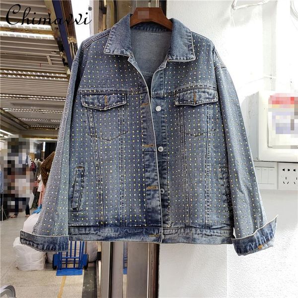 

women's jackets fall 2021 women casual style all-matching loose rhinestone patched denim coat long sleeve turn-downed collar jacket, Black;brown