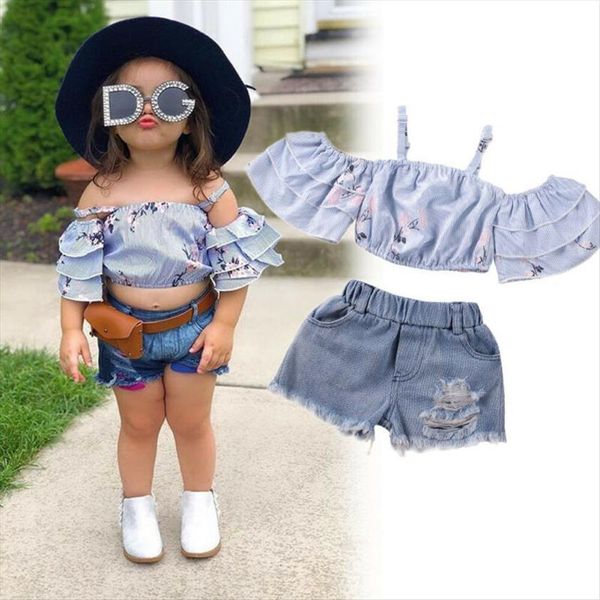 

summer toddler baby kids girls off shoulder sling striped t shirt denim skirt shorts ripped outfits set, White