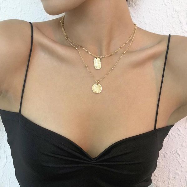 

chains simple fashion round plate pendant necklace alloy retro temperament double-layer clavicle chain necklaces for women choker, Silver