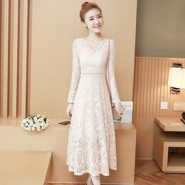 

casual dresses 2021 women long dress add wool full sleeve slim lace render small sweet wind white black apricot, Black;gray