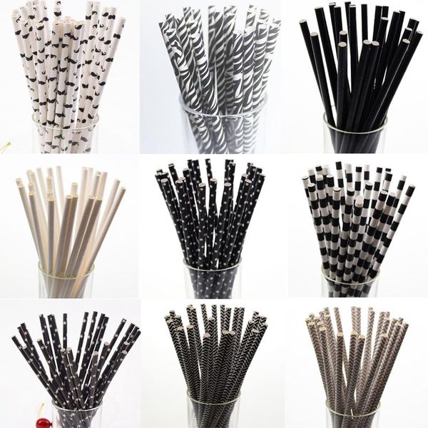 Tek kullanımlık yemek takımı 25pcs siyah kağıt içme samanlar yıldız çizgili bıyık zebra saman bebek