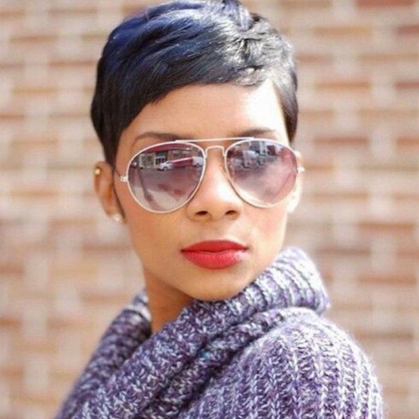

sunglasses women wigs short straight human hair pixie cut wig, Blue
