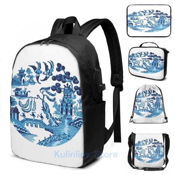 

backpack funny graphic print blue willow pattern china usb charge men school bags women bag travel laptop
