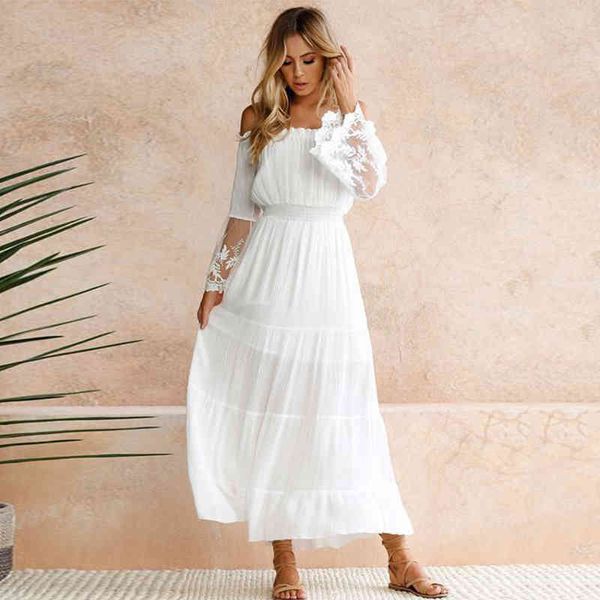 Новая мода с плеча белое кружевное платье леди рубашка платье с длинным рукавом повседневные платья элегантные MIDI платье халат 210415