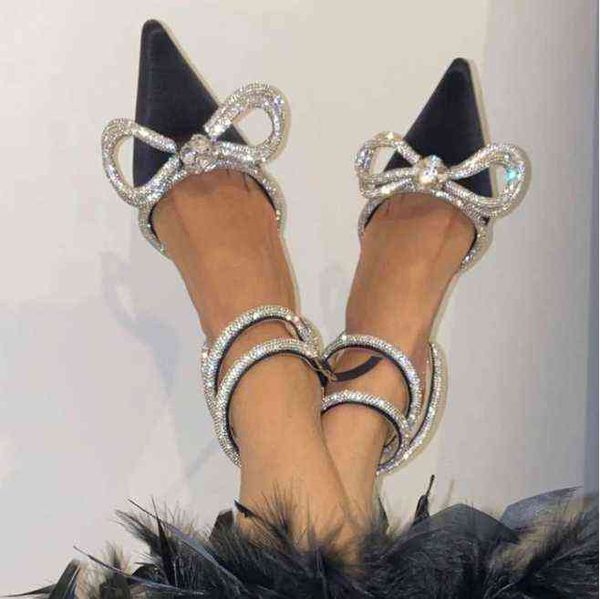 

nausk 2021 new rhinestone butterfly-knot sandals fine heel sandals women crystal fairy wind pink bow tie with diamond high heels g220426, Black