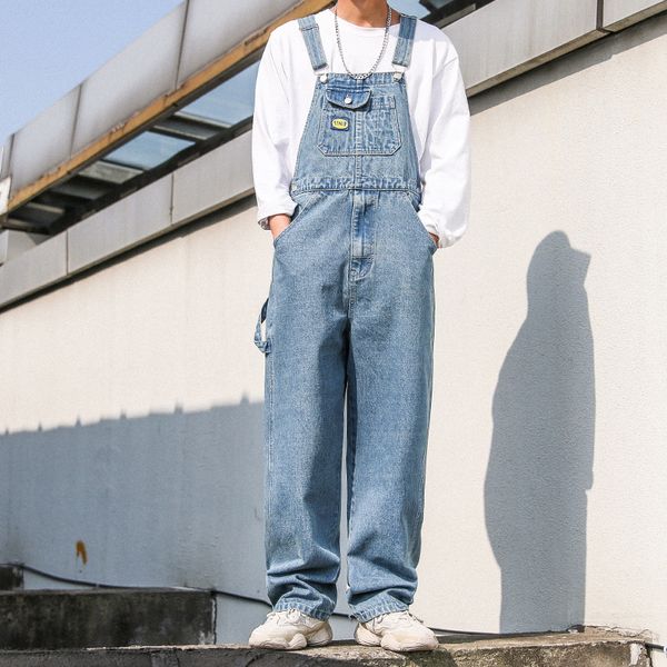 

godlikeu spring overalls loose casual jeans men cotton quality oversize denim trouser male suspender pants jumpsuit, Blue