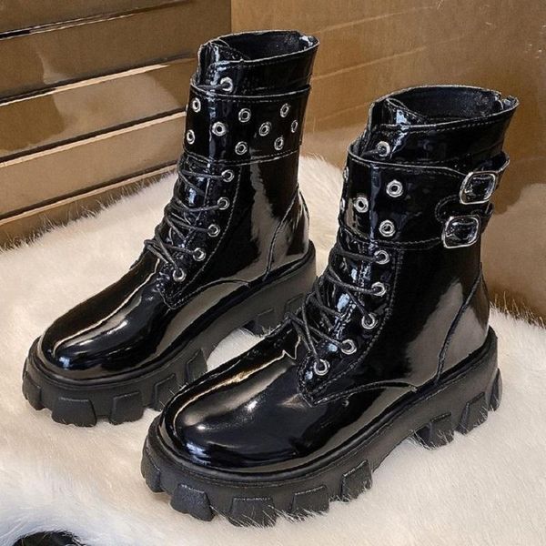 

boots winter women ankle buckle strap mid-calf british style lace up platform shoes pu leather non slip, Black