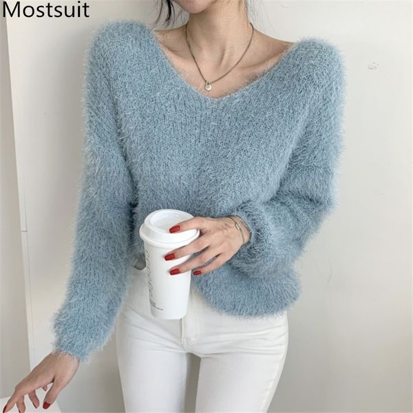 

chic korean knitted v-neck pullover jumpers women spring furry warm soft loose female sweaters femme 210518, White;black