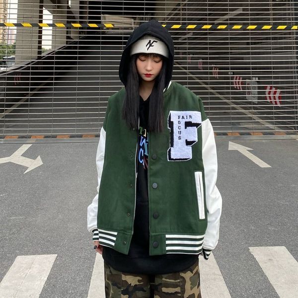 

women's jackets spring style uniform baseball vibe streetwear men trend embroidered couple hip hop light jacket up street bombers qcj7, Black;brown