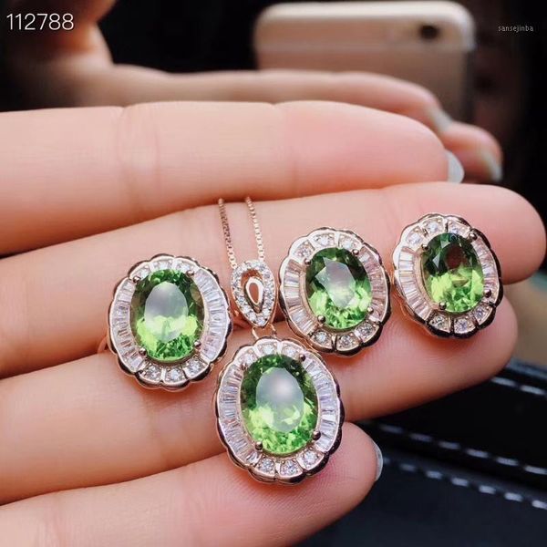 Bracciale, orecchini Collana moda rotondo girasole S925 argento naturale verde peridoto gemma anello pendente olivina donna set gioielli