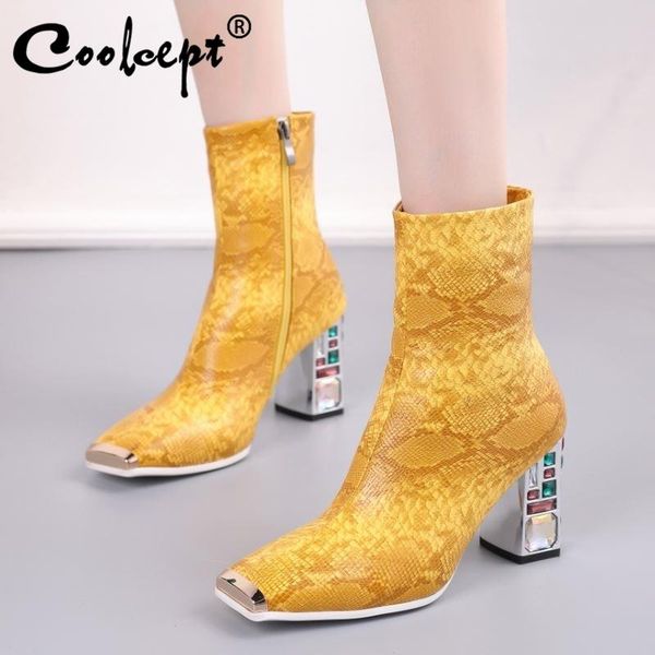 

boots coolcept women shoes ankle square toe thick high heel crystal snakeskin zipper winter footwear size 34-48, Black