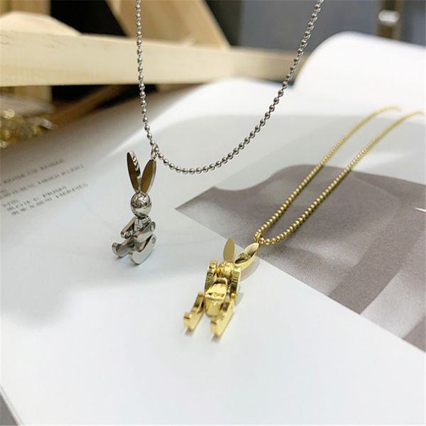 

designer jewelry titanium steel movable rabbit necklace women's simple temperament personality mechanical rabbit clavicle net red new n, Silver