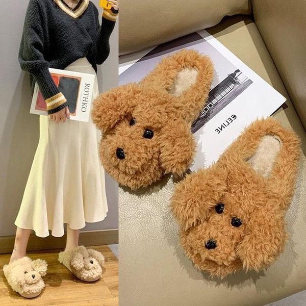 

winter cute dog cotton slippers women's home fluffy lovely animal slides large size female indoor casual plush shoes, Black