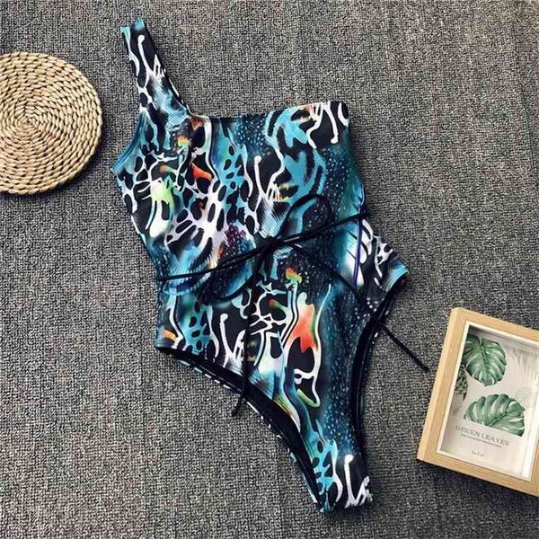 

2021 women leopard swimwear shoulder swimsuit female bather monokini with waist rope bathing suit swim ladying