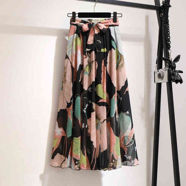 

skirts summer korean floral printed maxi long chiffon high-waisted sashes a-line bohemian vacation dots beach g72j, Black