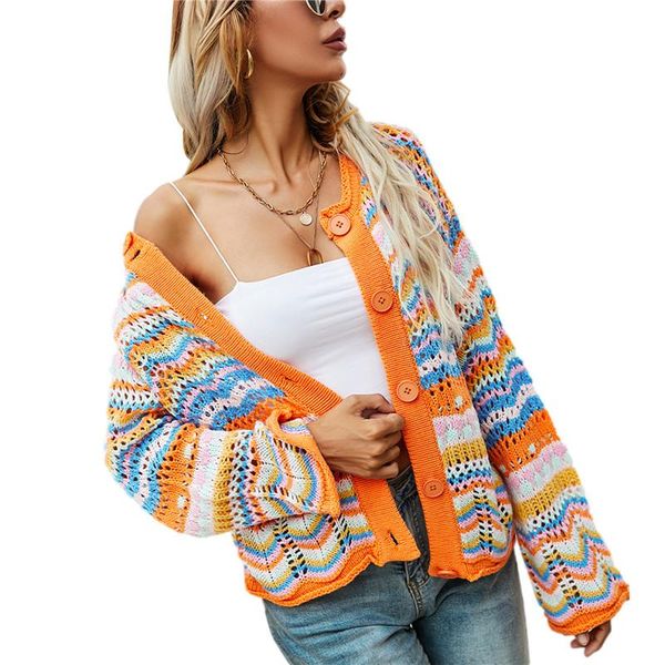 

women's knits & tees 2021 women rainbow sweater fashion striped long sleeve button cardigan coat knitted casual knitwear for spring fa, White