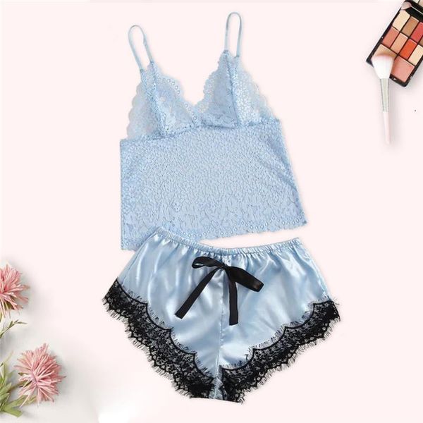 

bras sets women v-neck silk lace stain backless camisole pajamas sleepwear black underwear shorts set lenceria #4n22, Red;black