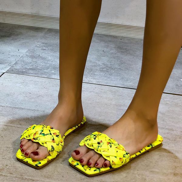 

slippers fashion woven ladies square head flat casual shoes summer print beach sandals and large size, Black