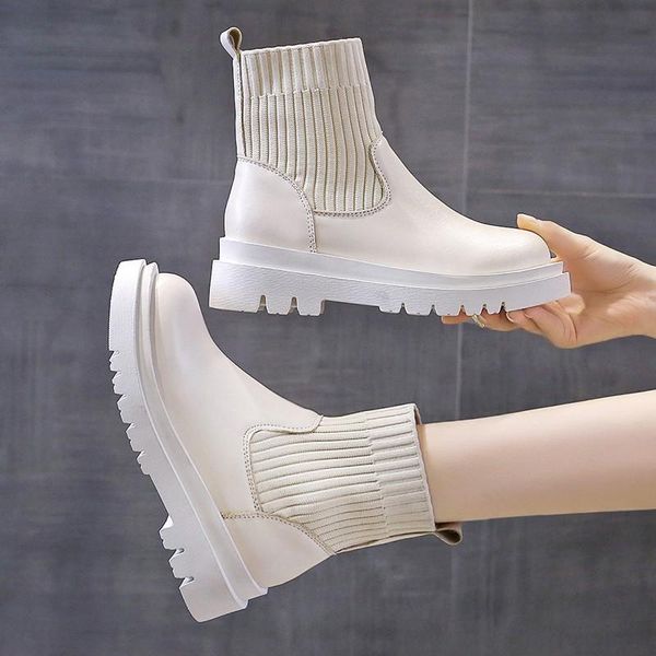 

boots ankle woman slip-on shoes fashion knitted elastic round toe short platform square heels leather women, Black