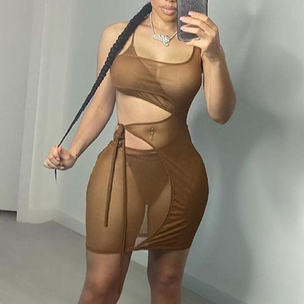

casual dresses mesh strap see through dress 2021 summer hollow out sleeveless for women tank midnight party clubwear skinny robes, Black;gray
