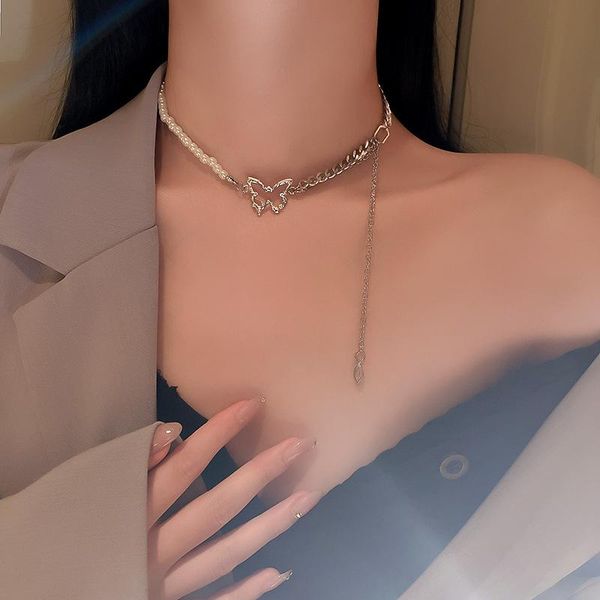 

chains 30/5000 korean fashion is set drill hollow butterfly pearl chain splicing necklace clavicle neck web celebrity temp, Silver