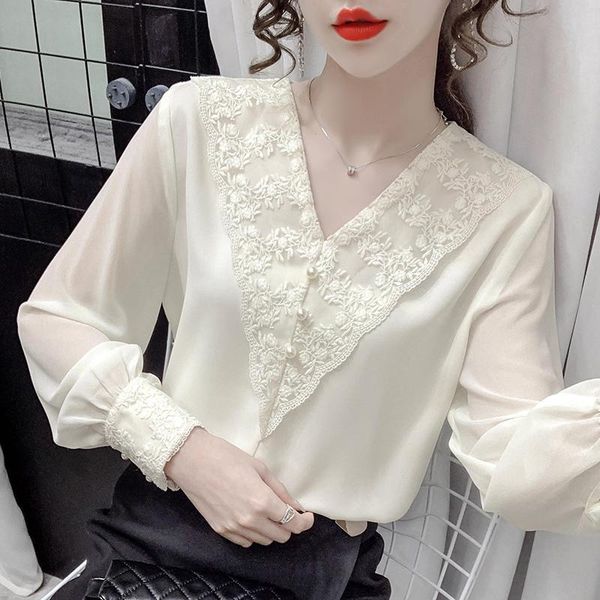 

women's blouses & shirts chikichi 2021 spring and autumn style korean fashion elegant v-neck lace stitching chiffon long-sleeved blouse, White