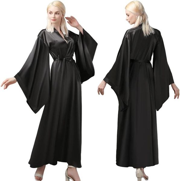 

wraps & jackets black silk women robe long sleeve nightgown v neck ruffles satin sleepwear bathrobe pajamas prom bridesmaid shawel, White