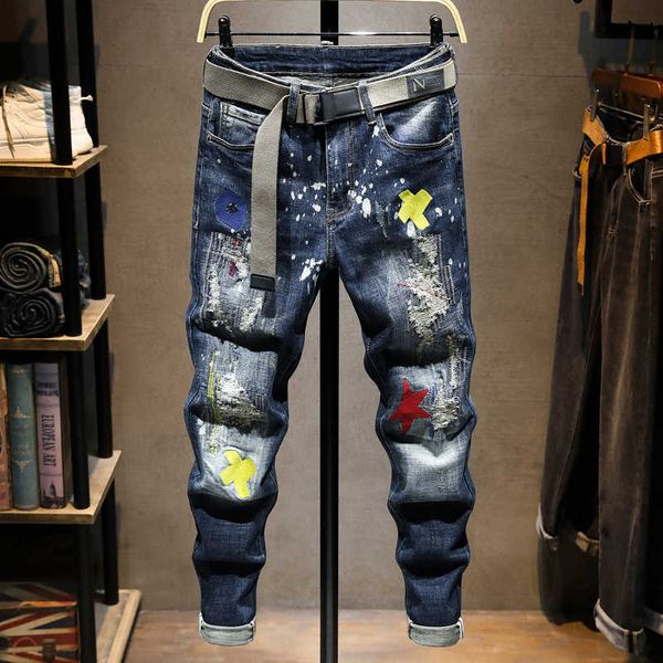 

streetwear fashion men jeans elastic slim ripped embroidery patches designer hip hop denim pencil pants punk trousers, Blue