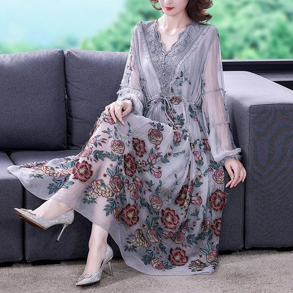 

casual dresses zuoman 2021 women's summer runway embroidered long dress ladies v-neck lantern sleeve mesh vintage party, Black;gray