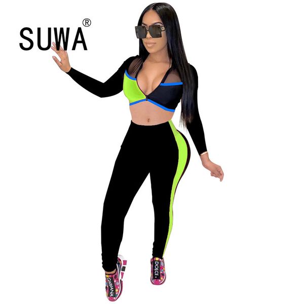 

2 piece set women clothing lounge wear matching sets deep v neck long sleeve crop + sport pants sweat suit 210525, White