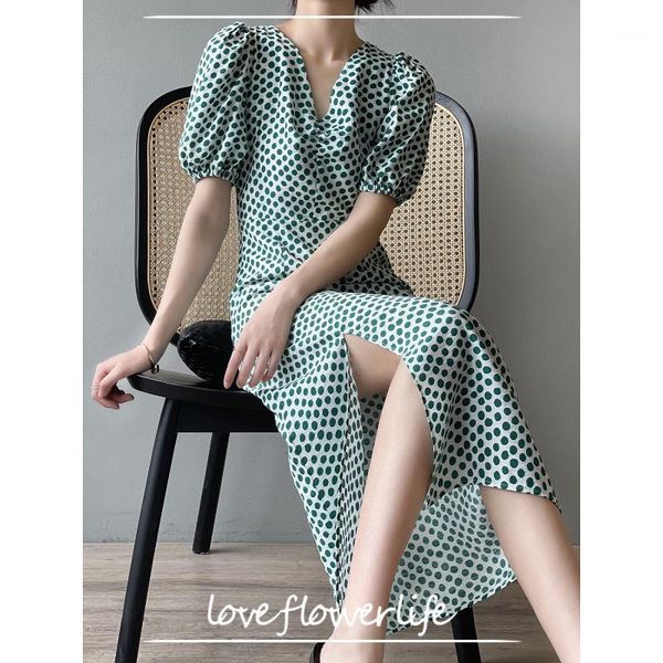 

two piece dress talk about double wave point v-neck women 2021 summer french sweet slim split skirt 9020, White